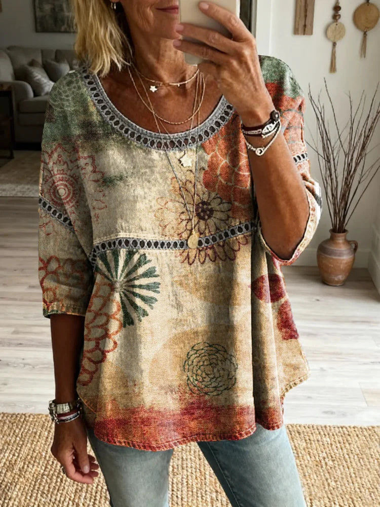 Ethnicity Bohemia Flowers Women's Vintage Art Print Casual Round Neck Cutout Top