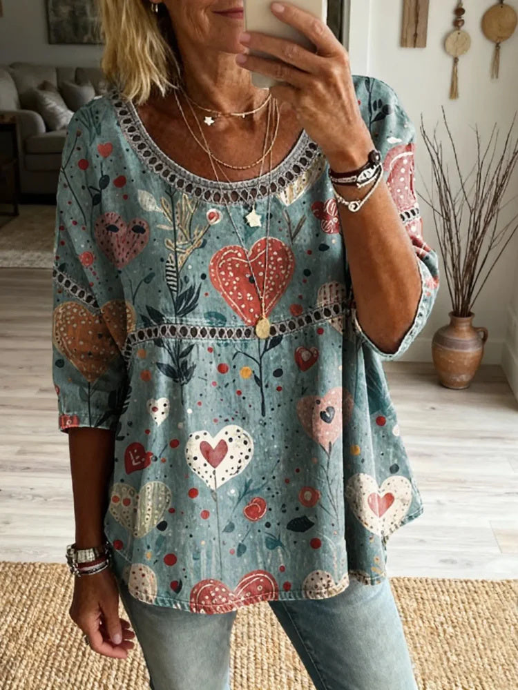 Ethnicity Bohemia Love Women's Vintage Art Print Casual Round Neck Cutout Top