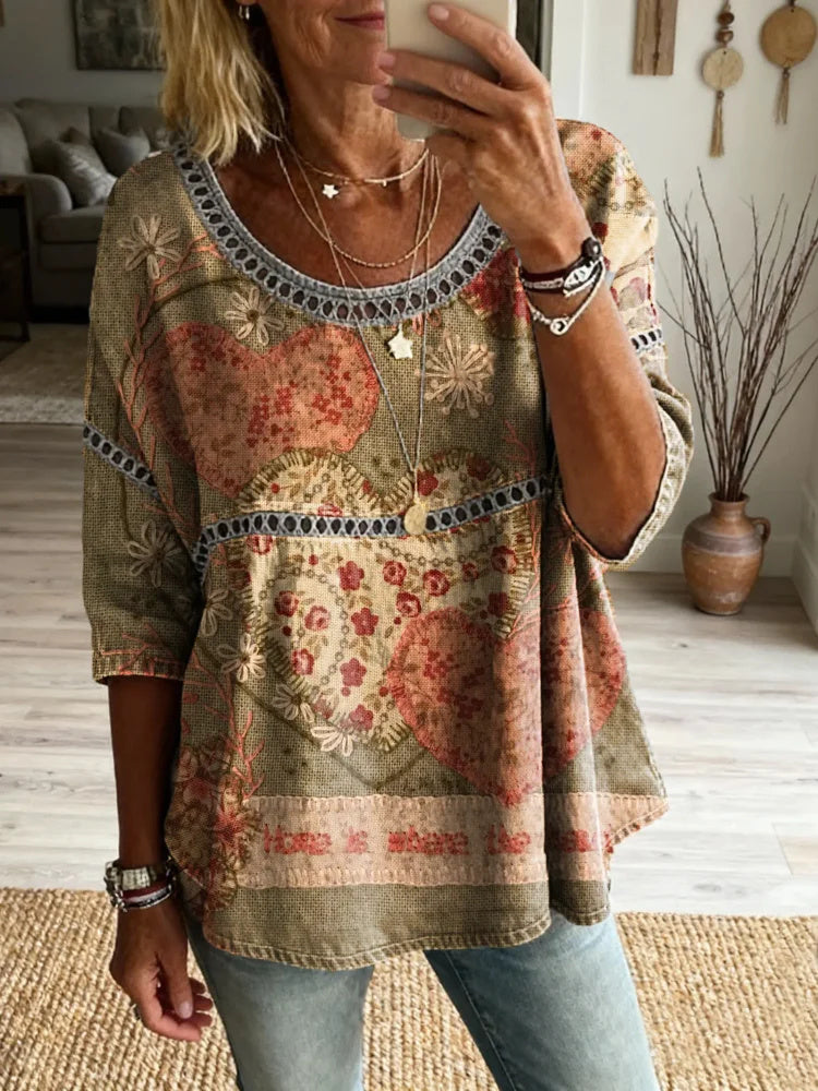 Women's Floral Heart Pattern Art Print Casual Round Neck Lace-up Top
