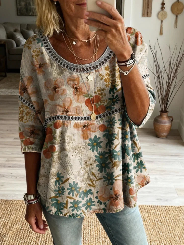 Ethnicity Bohemia Flowers Women's Art Print Casual Round Neck Cutout Top