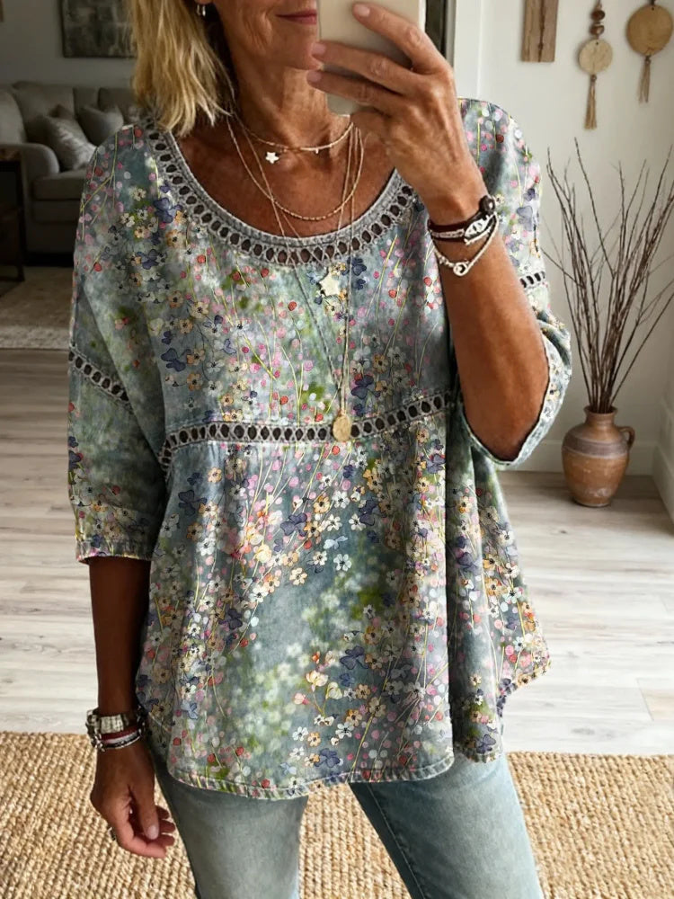 Retro Floral Art Print Casual Round Neck Hollow-out Top
