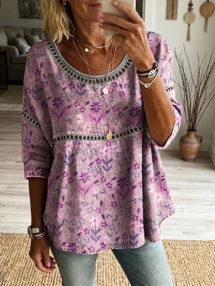 Women's Vintage Ethnic Purple Crushed Art Print Round Neck Cutout Cotton Top
