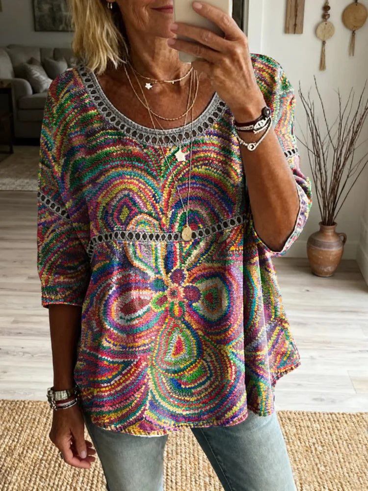Women's Bohemian Floral Art Print Casual Round Neck Hollow-out Top