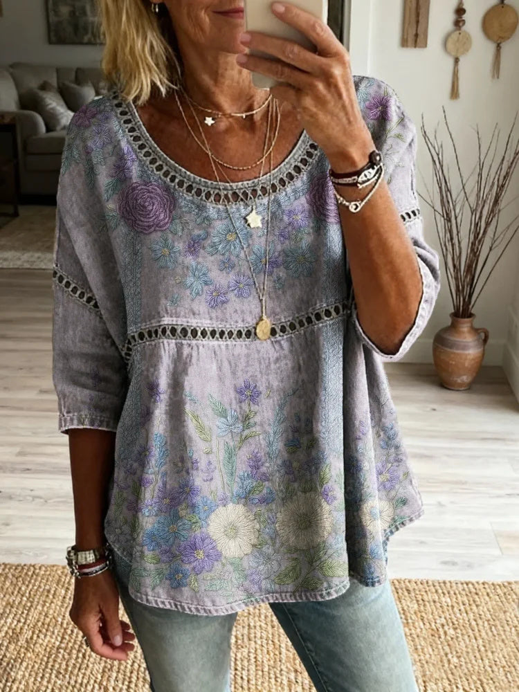 Women's Floral Pattern Art Print Casual Round Neck Lace-up Top