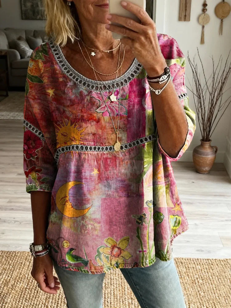Women's Retro Colorful Pattern Art Print Casual Round Neck Hollow-out Top