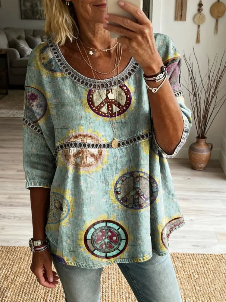 Women's Hippie Pattern Art Print Casual Round Neck Lace-up Top
