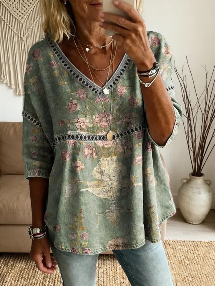 Ethnicity Bohemia Flowers Women's Vintage Art Print Casual V Neck Cutout Top