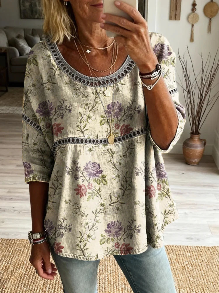 Womens Vintage Ethnic Floral Art Printed Casual Round Neck Cutout Cotton Top