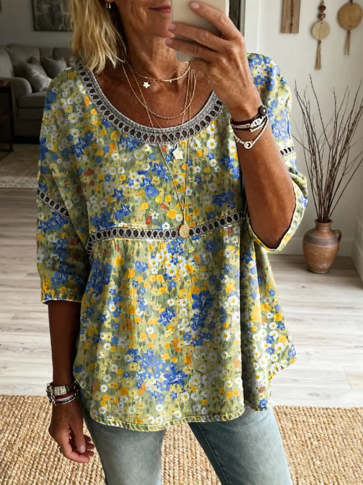 Women's Vintage Cute Crushed Art Printed Casual Round Neck Cutout Cotton Top