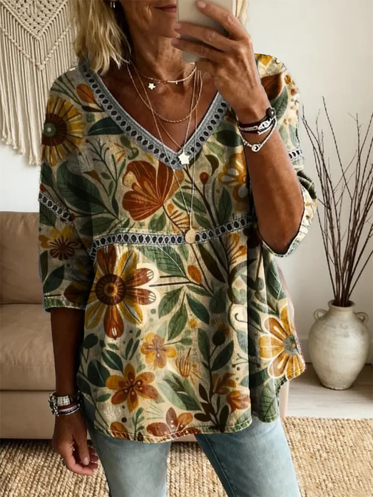 Ethnicity Bohemia Flowers Women's Vintage Art Print Casual V Neck Cutout Top