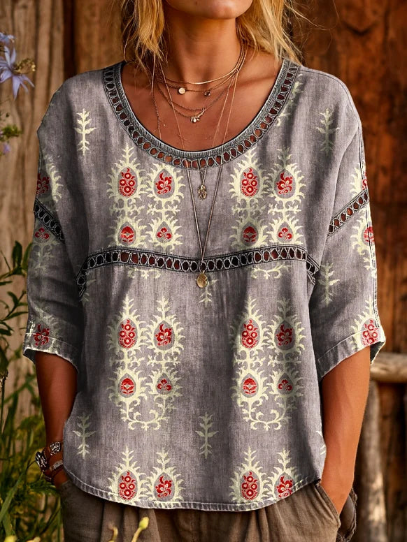 Womens Vintage Ethnic Purple Floral Pattern Art Printed Casual Round Neck Cutout Top