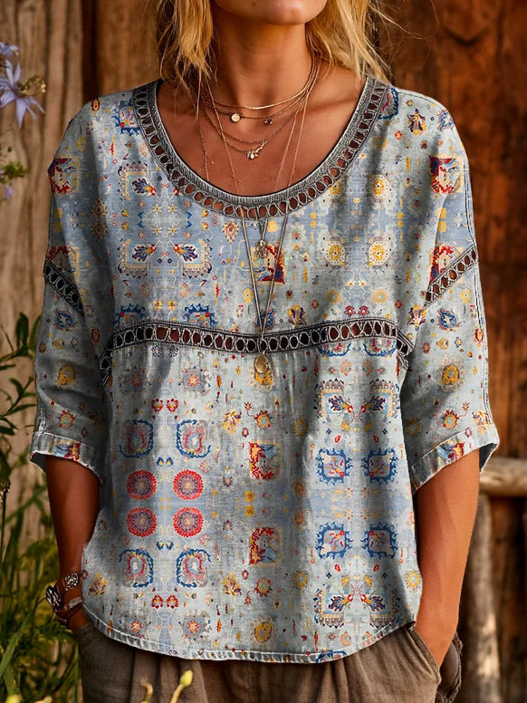 Womens Vintage Ethnic Gray Patterned Art Printed Casual Round Neck Cutout Top