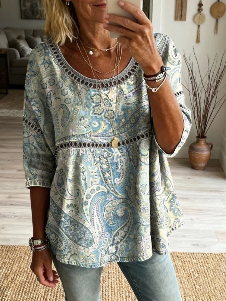 Women's Vintage Ethnic Style Paisley Floral Art Print Casual Round Neck Cutout Top