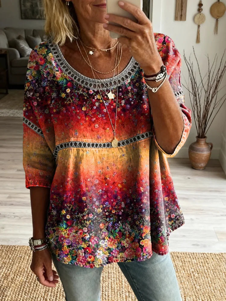 Women's Vintage Gradient Floral Art Print Casual Round Neck Cutout Top