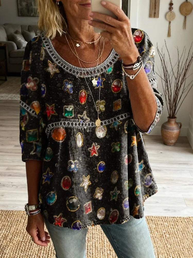 Women's Vintage Jewelry-textured Art Print Casual Round Neck Cutout Top