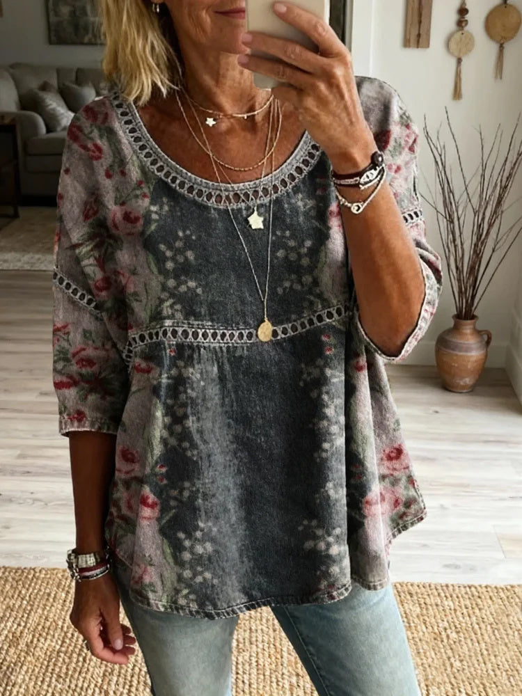 Women's Floral Vintage Art Print Casual Round Neck Cutout Top