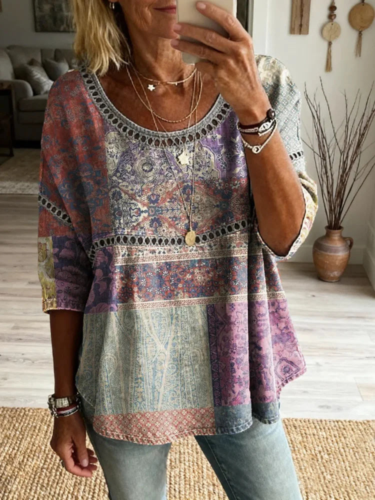 Women's Bohemian Retro Totem Art Print Casual Round Neck Hollow Out Top