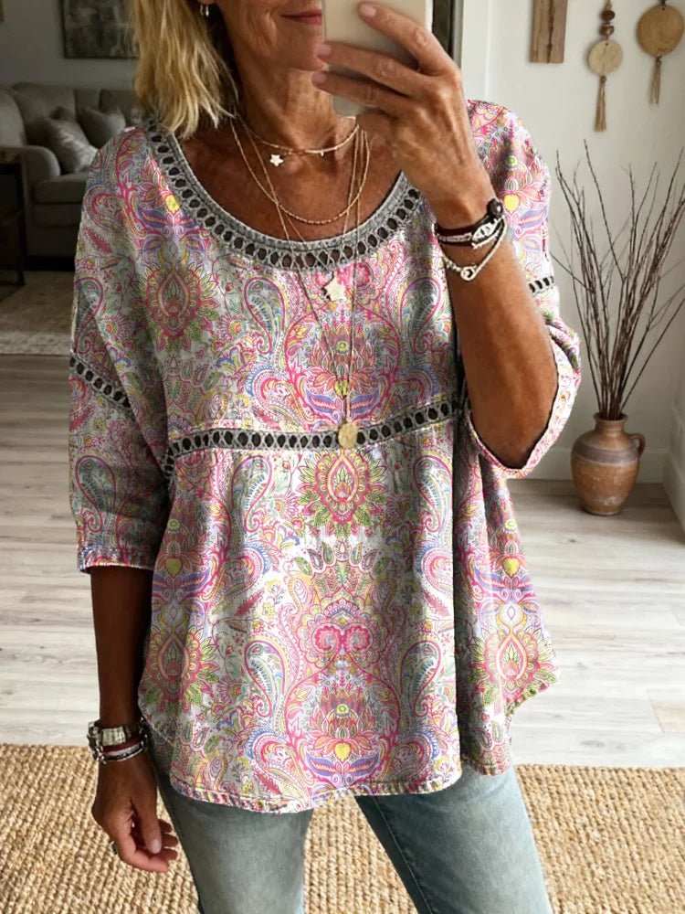 Women's Vintage Totem Floral Pattern Art Print Casual Round Neck Cutout Top