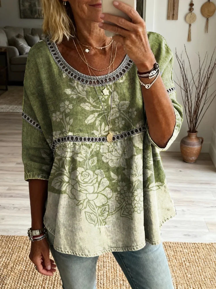 Women's Floral Art Print Casual Round Neck Cutout Top