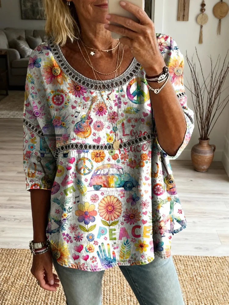 Women's Retro Hippie Peace Love Art Print Casual Round Neck Hollow-out Top