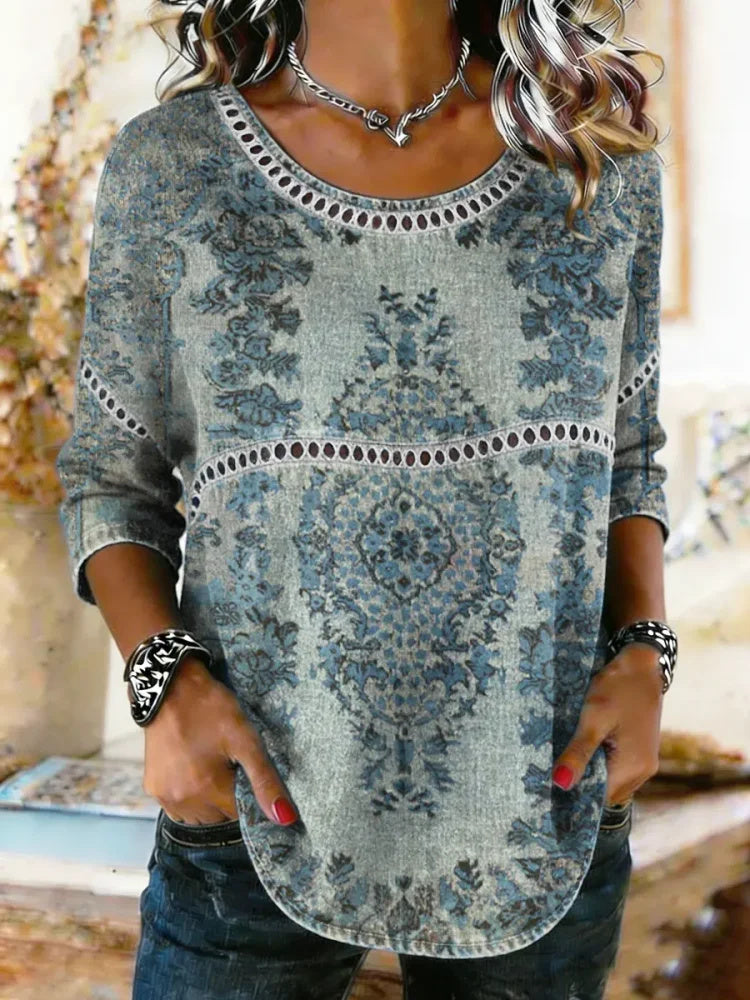Women's Ethnic Totem Print Round Neck Blouse With Lace Trim