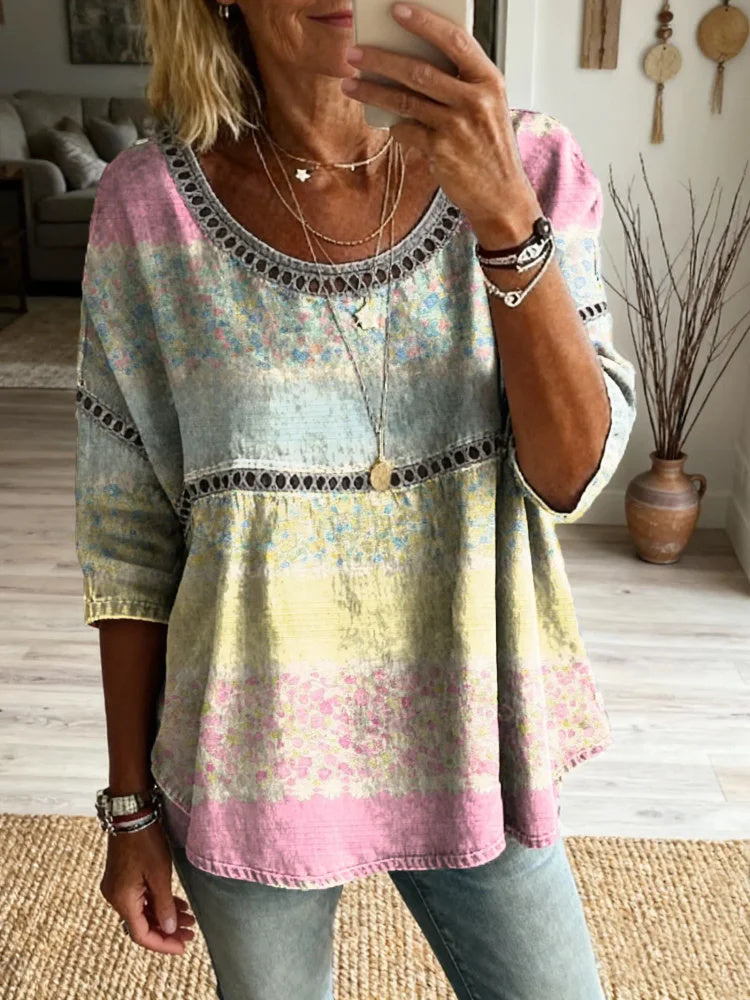 Women's Colorful Retro Striped Floral Art Print Casual Round Neck Hollow-out Top