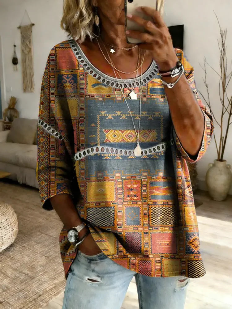 Women's Ethnic Art Print Round Neck Lace Trim Shirt