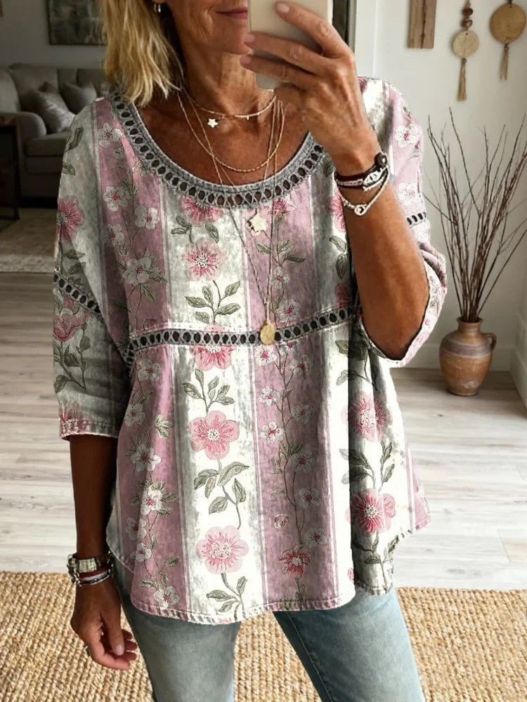 Women's Vintage Pink Striped Floral Art Print Casual Round Neck Cutout Top