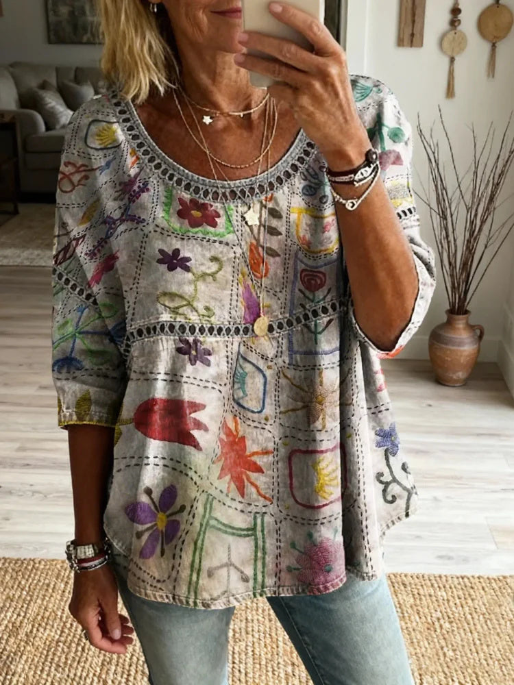 Women's Retro Colorful Textured Floral Art Print Casual Round Neck Hollow-out Top