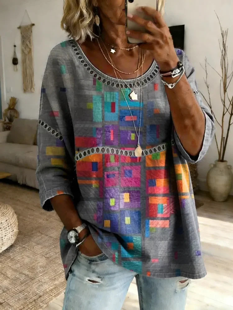 Women's Colorful Geometric Art Print Cotton Top with Lace Trim