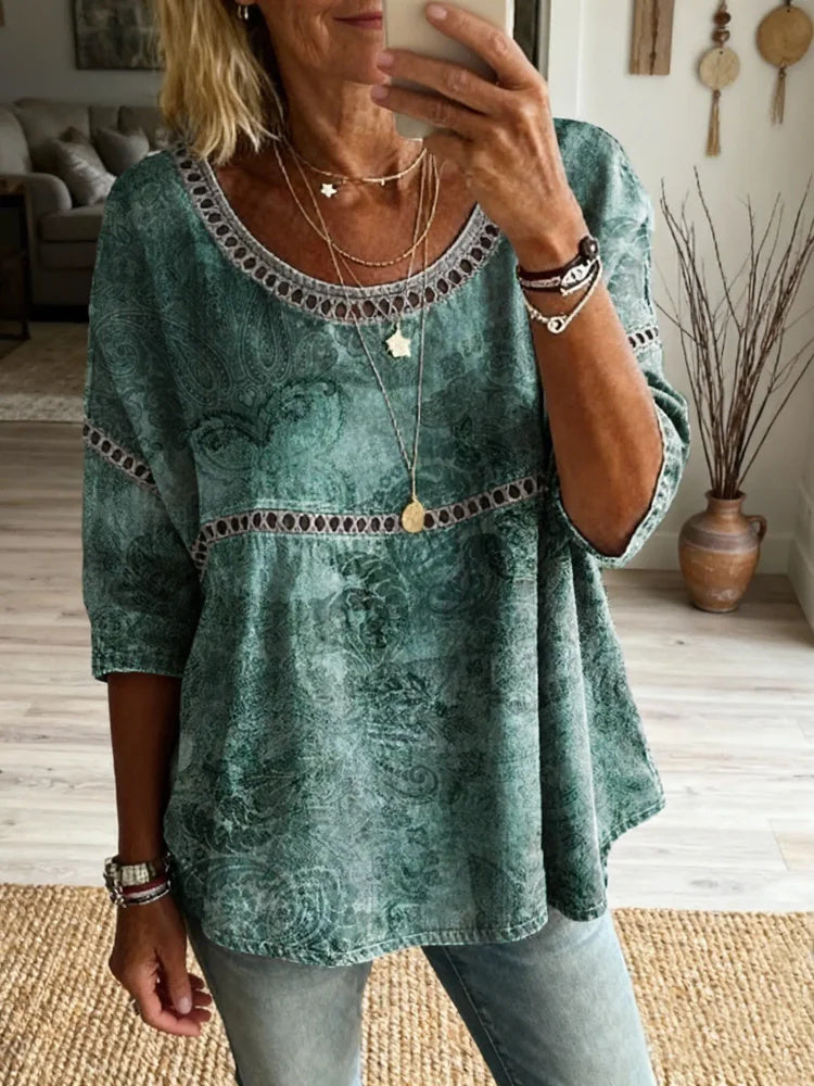 Women's Retro Ethnic Texture Floral Art Print Casual Round Neck Hollow-out Top