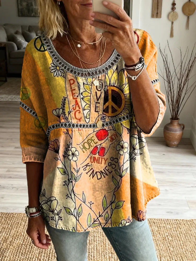 Women's Retro Hippie Peace Love Art Print Casual Round Neck Hollow-out Top
