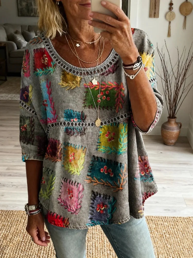 Women's Colorful Bohemian Patchwork Textured Art Print Casual Round Neck Hollow-out Top