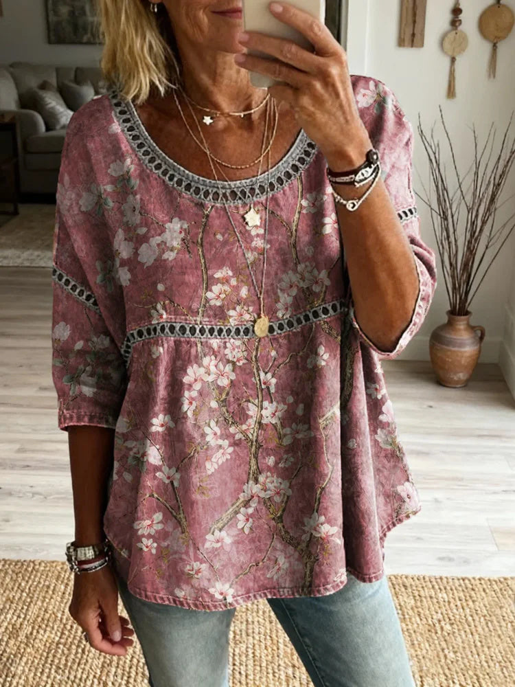 Retro Pink Floral Art Print Casual Round Neck Hollowed-out Top
