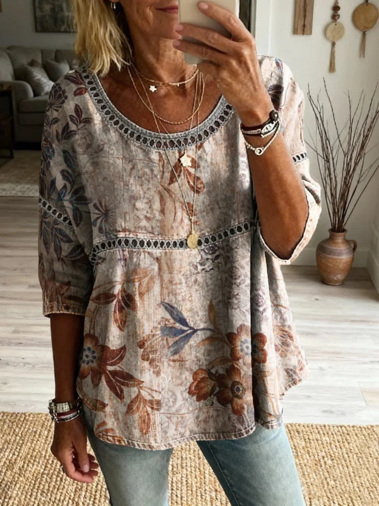 Ethnicity Bohemian Flowers Women's Vintage Art Print Casual Round Neck Cutout Top