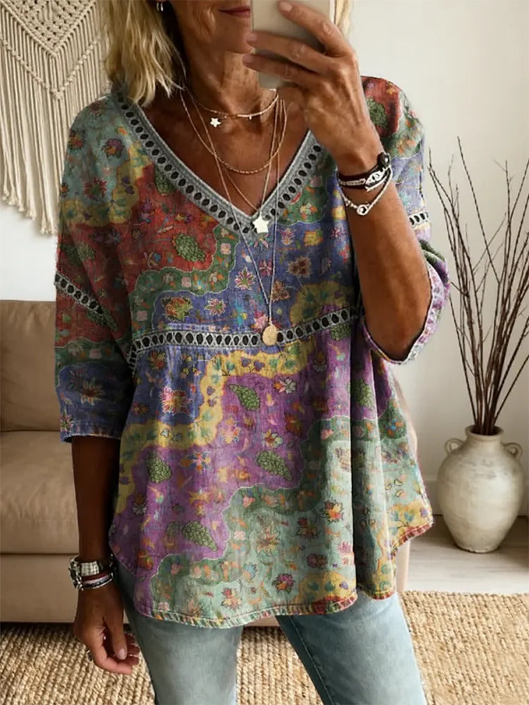Ethnicity Flowers Arc Women's Vintage Art Print Casual V Neck Cutout Top