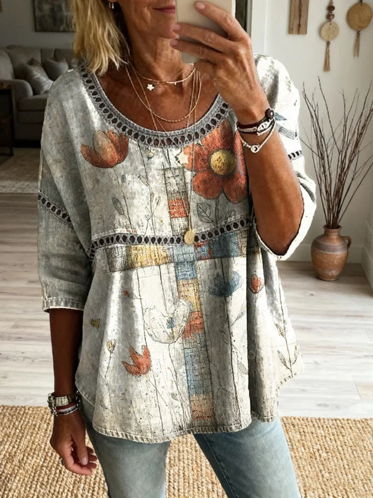 Ethnicity Flowers Cross Women's Vintage Art Print Casual Round Neck Cutout Top