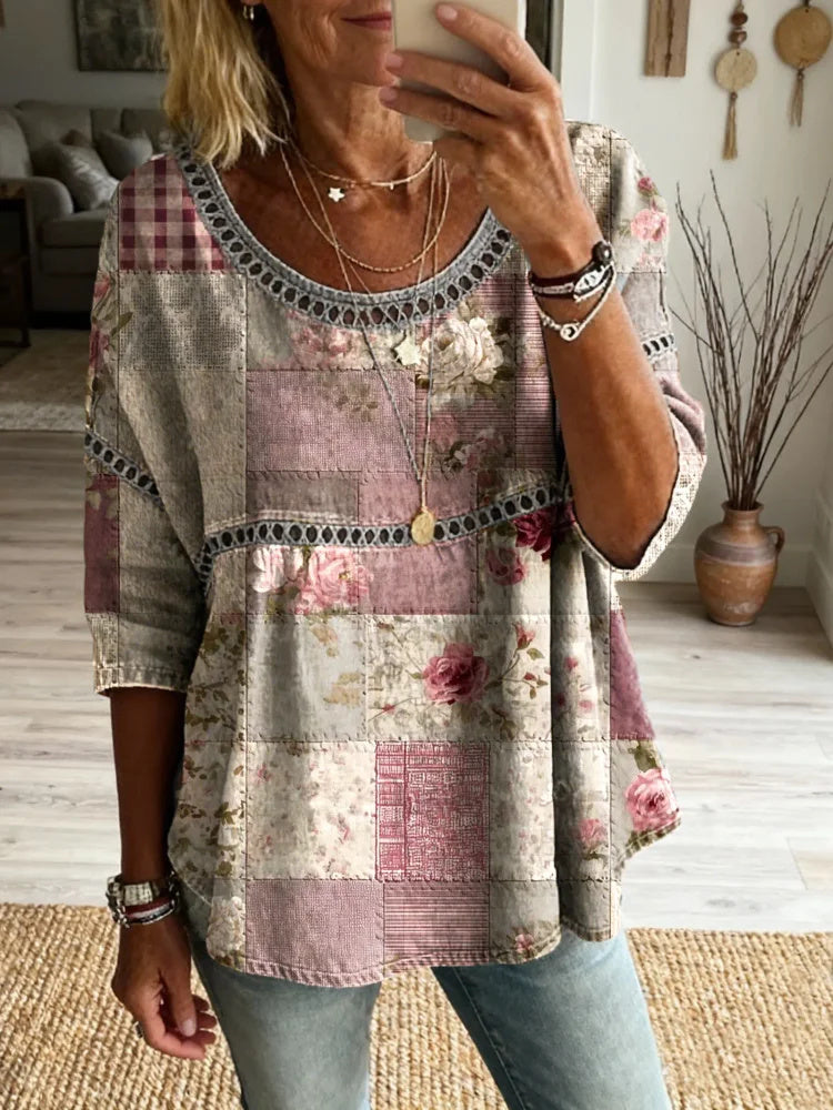 Womens Vintage Ethnic Collage Floral Art Print Round Neck Cutout Cotton Top