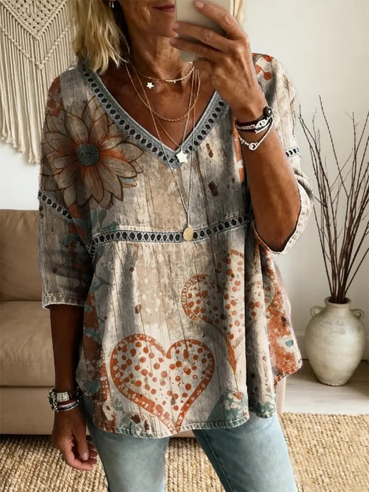 Ethnicity Bohemian Flowers Love Women's Vintage Art Print Casual V Neck Cutout To