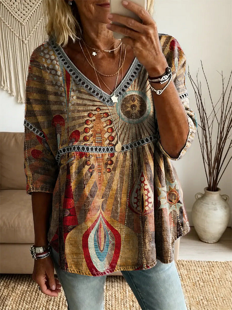 Ethnicity Bohemian Style Totem Women's Vintage Art Print Casual V Neck Cutout Top
