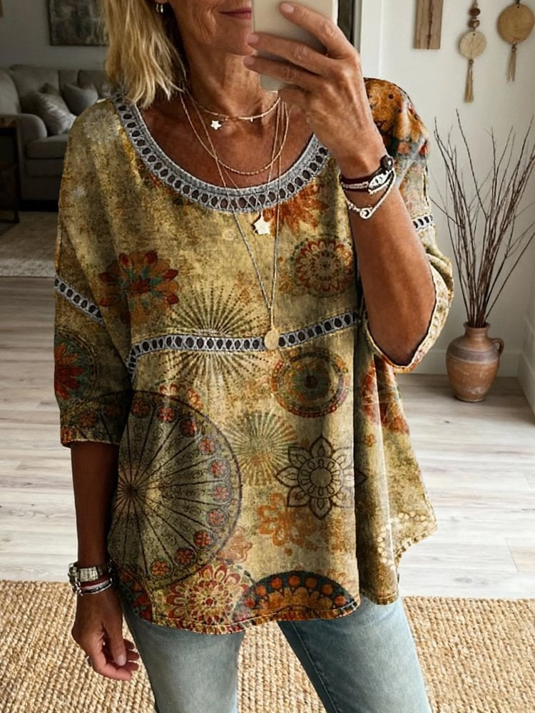 Ethnicity Retro Bohemia Totem Women's Vintage Art Print Casual Round Neck Cutout Top