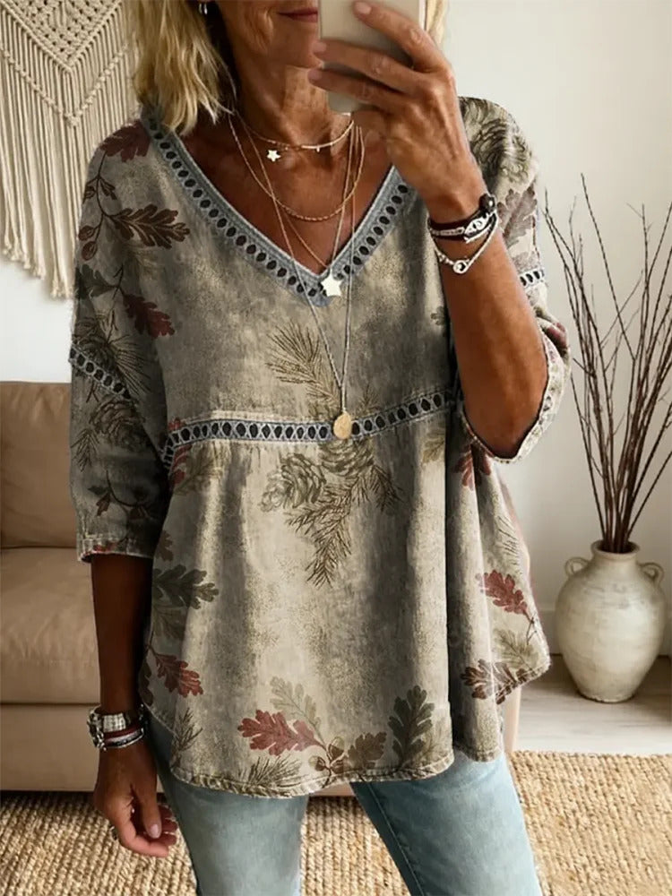 Ethnicity Bohemia Leaves Pinecone Women's Vintage Art Print Casual V Neck Cutout Top