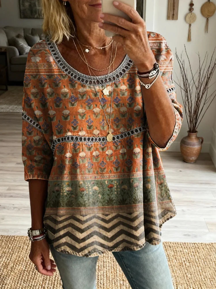 Women's Floral Pattern Art Print Casual Round Neck Lace-up Top