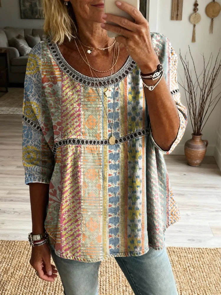 Women's Retro Striped Floral Art Print Casual Round Neck Hollow-out Top