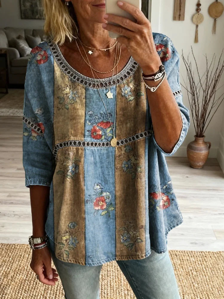 Women's Floral Pattern Art Print Casual Round Neck Lace-up Top