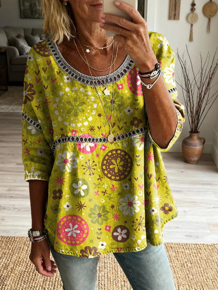 Women's Vintage Floral Heart Polka Dot Art Print Casual Round Neck Cutout Cotton Top