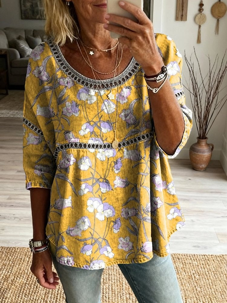 Womens Vintage Ethnic Yellow Floral Art Prints Casual Round Neck Cutout Cotton Top