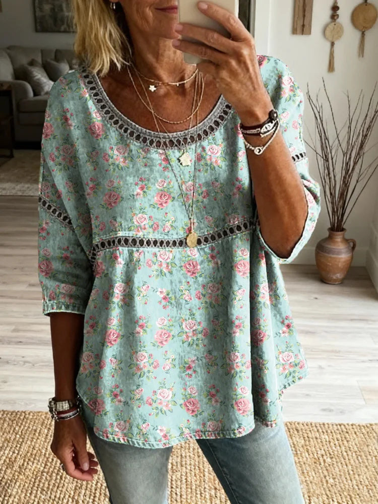 Women's Vintage Blue Rose Art Printed Casual Round Neck Cutout Cotton Top