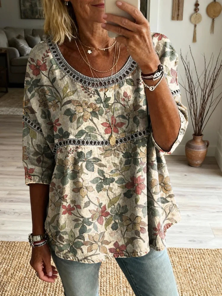 Vintage Bohemia Flowers Women's Art Print Casual Round Neck Cutout Top