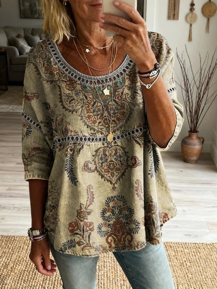 Ethnicity Retro Totem Women's Art Print Casual Round Neck Cutout Top